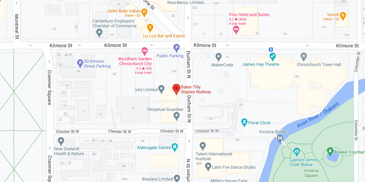 Map showing Baker Tilly Staples Rodway Christchurch location